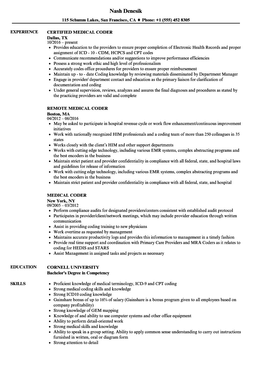 Medical Coder Resume Sample Medical Coder Resume Samples Velvet Jobs