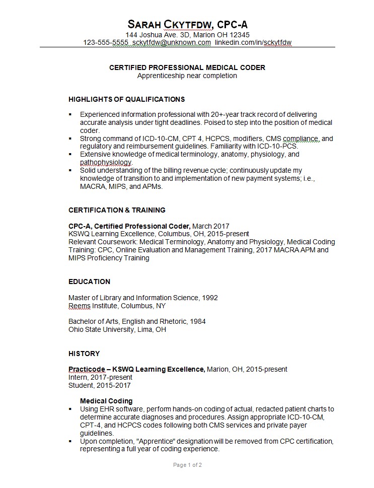 combination resume example medical coder