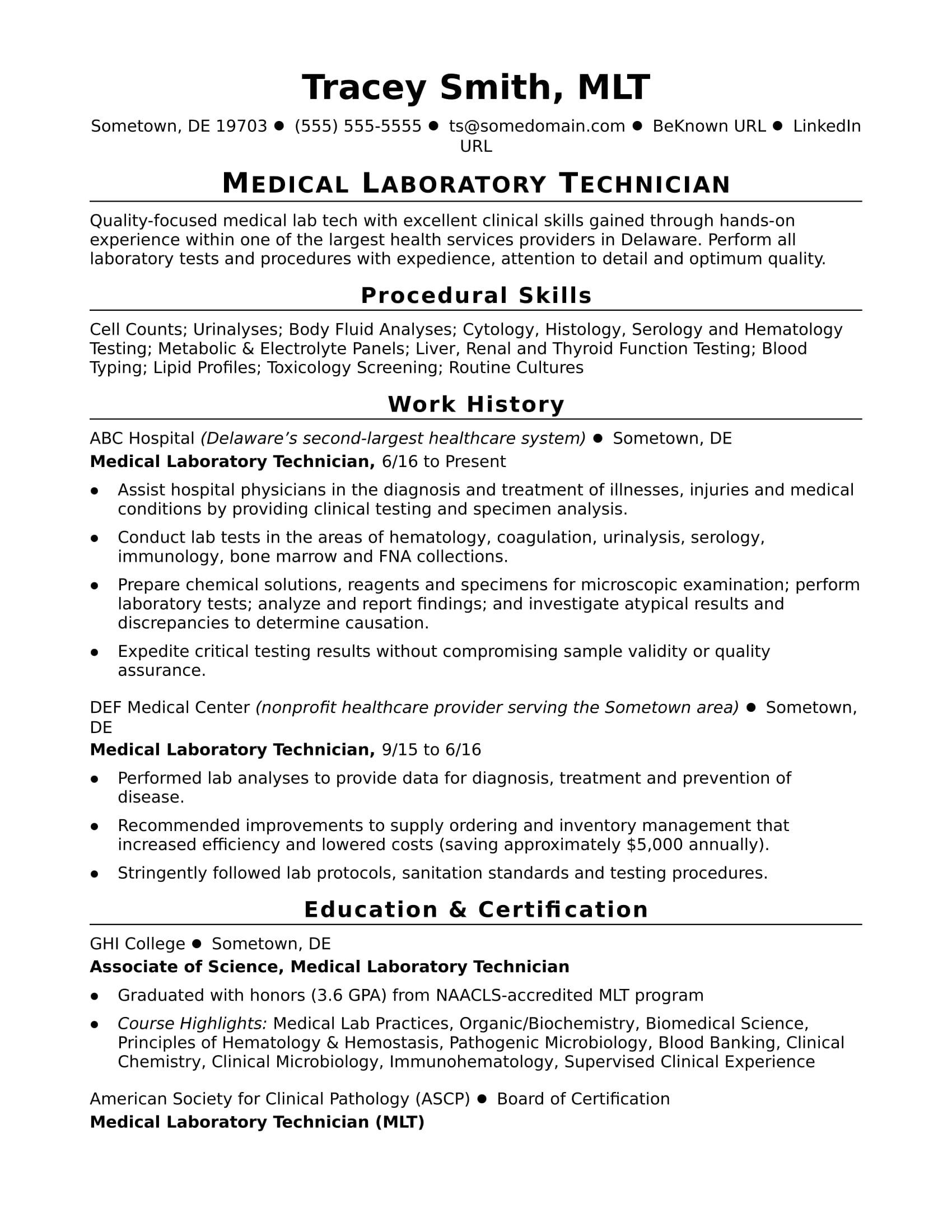 sample resume lab technician entry level