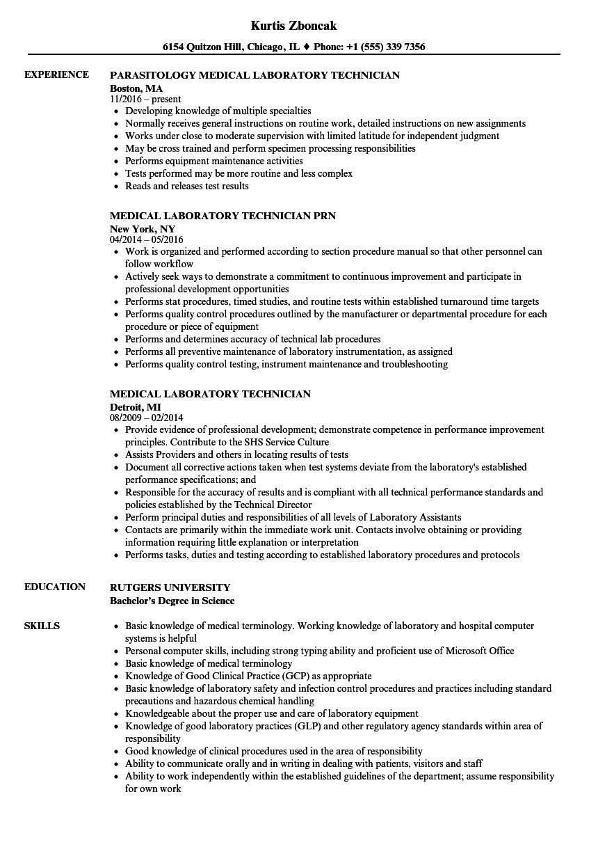 medical laboratory technician resume sample