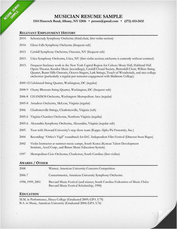 Musician Resume Samples Music Resume Sample Resume Genius