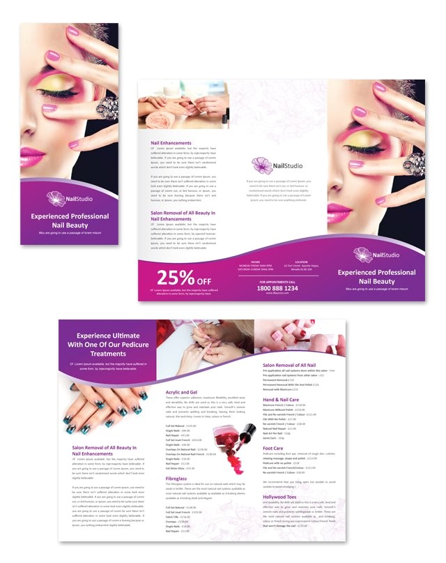 nail beauty salon tri fold brochure template