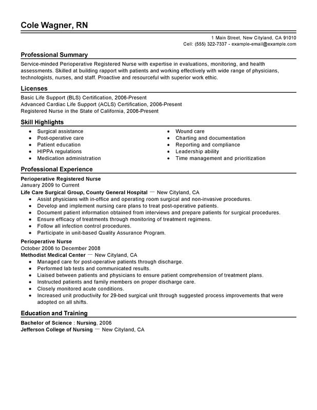 perioperative nurse resume sample