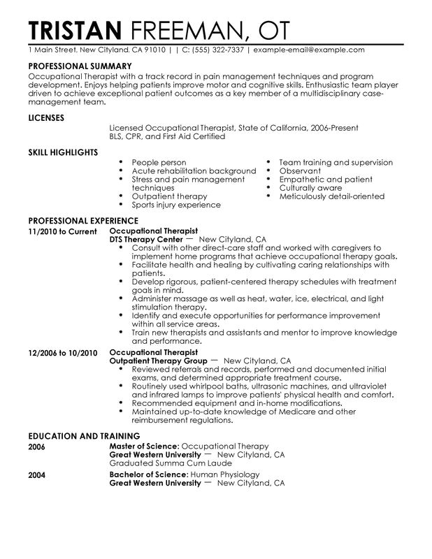 occupational therapist resume sample