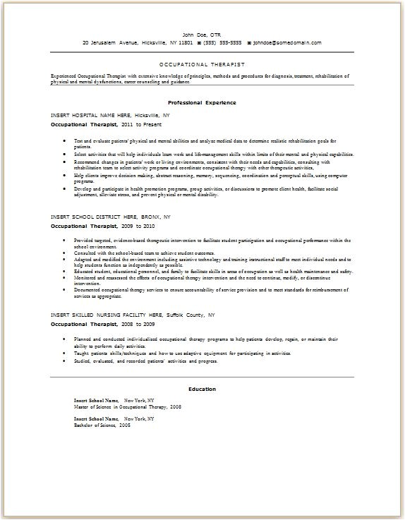 sample occupational therapist resume
