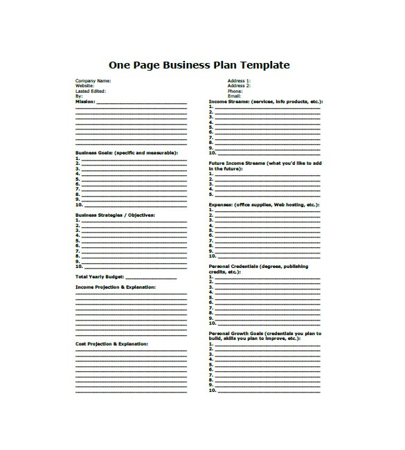 one page business plan word