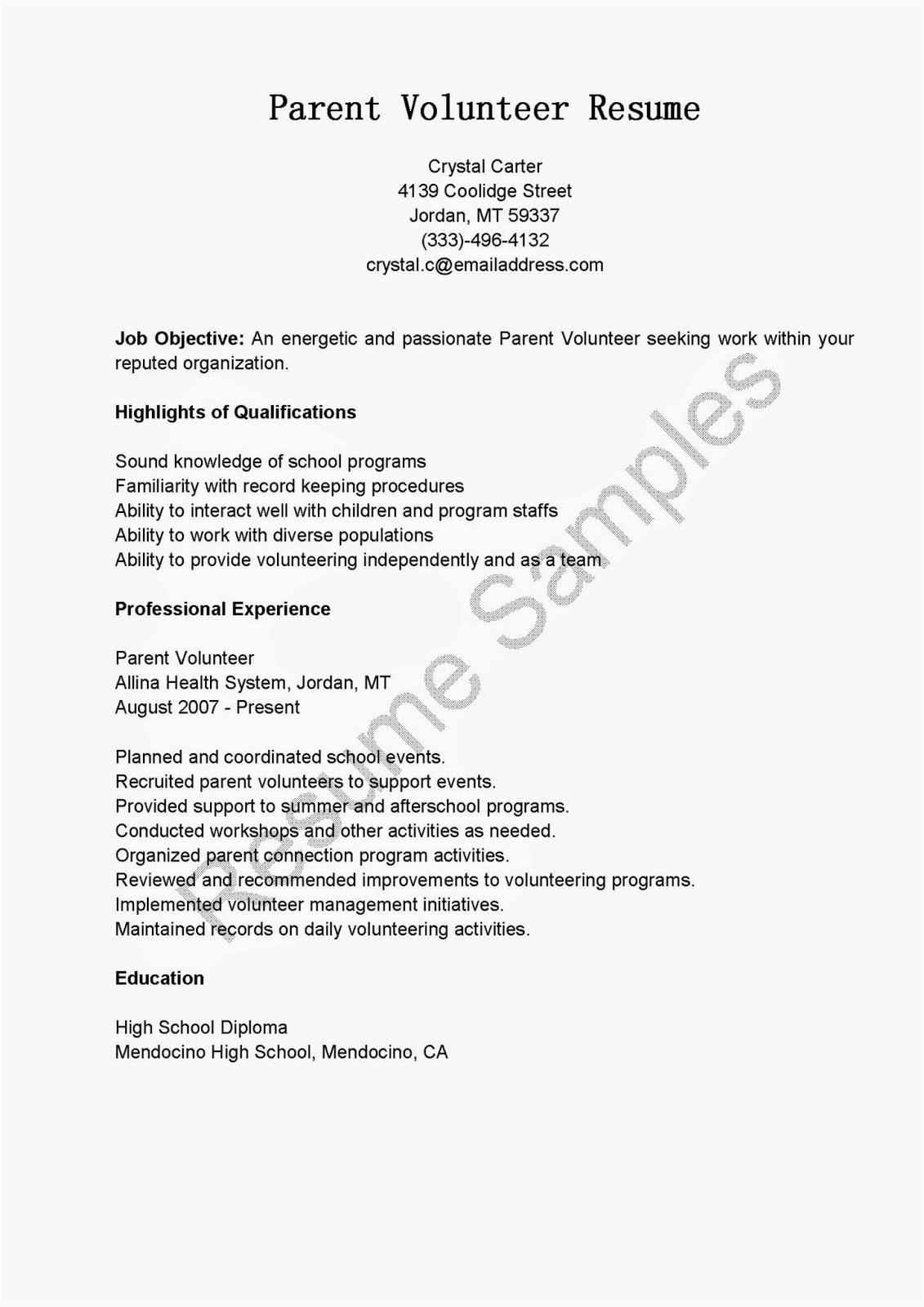Parent Volunteer Resume Sample Resume Samples Parent Volunteer Resume Sample