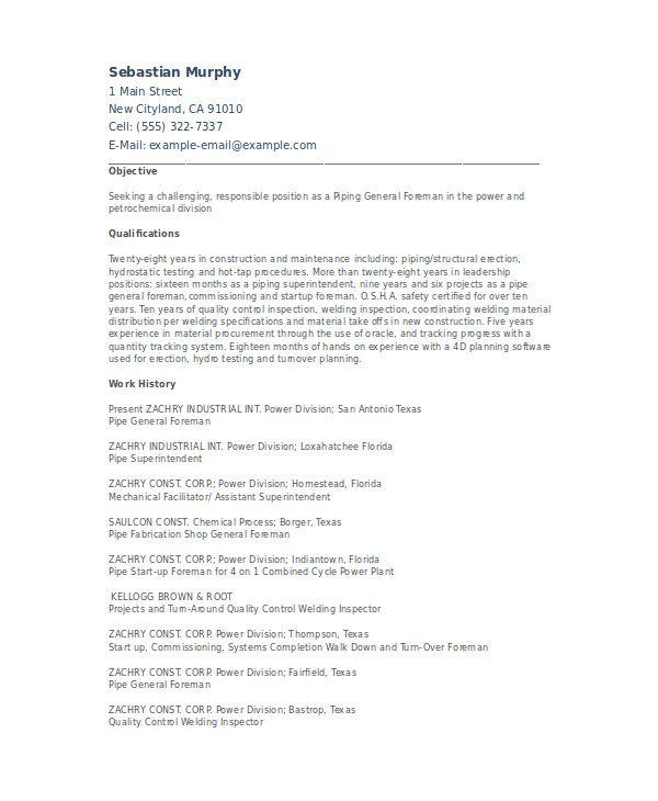Pipefitter foreman Resume Samples Pipefitter Resume Template 6 Free Word Documents