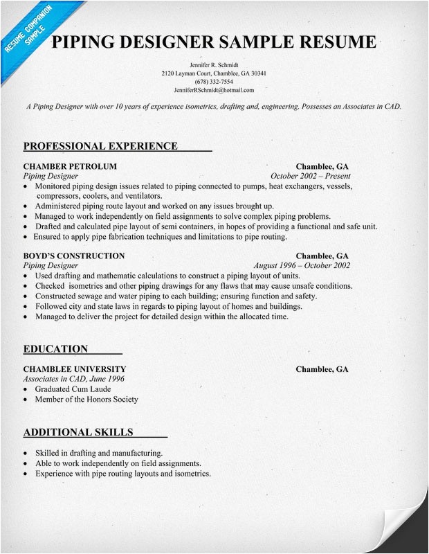 Piping Designer Resume Sample Piping Designer Resume Template Resumecompanion Com