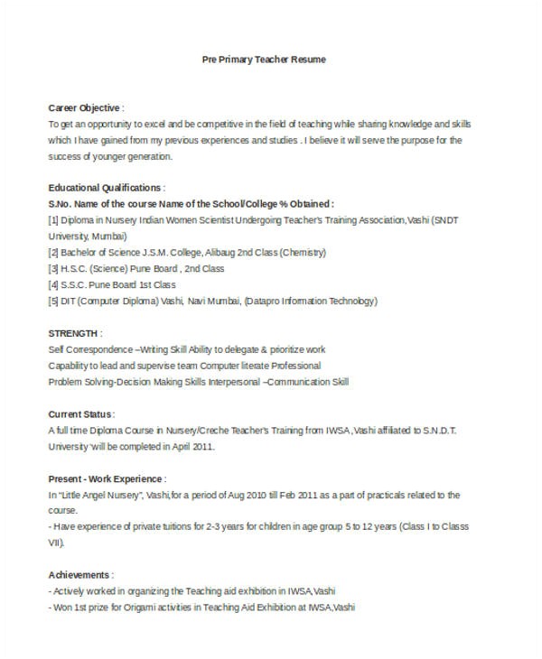 Pre Primary School Teacher Resume Sample Teacher Resume Examples 23 Free Word Pdf Documents