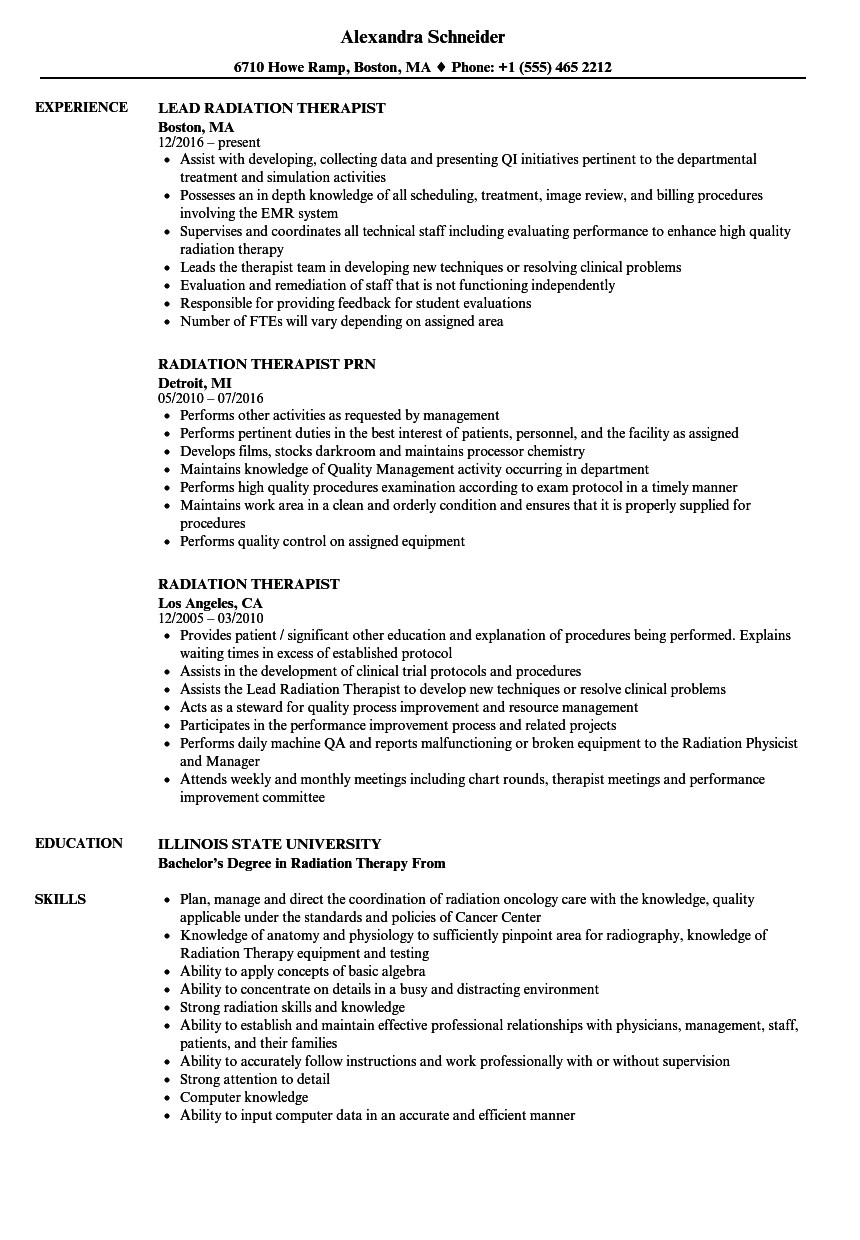 radiation therapist resume sample