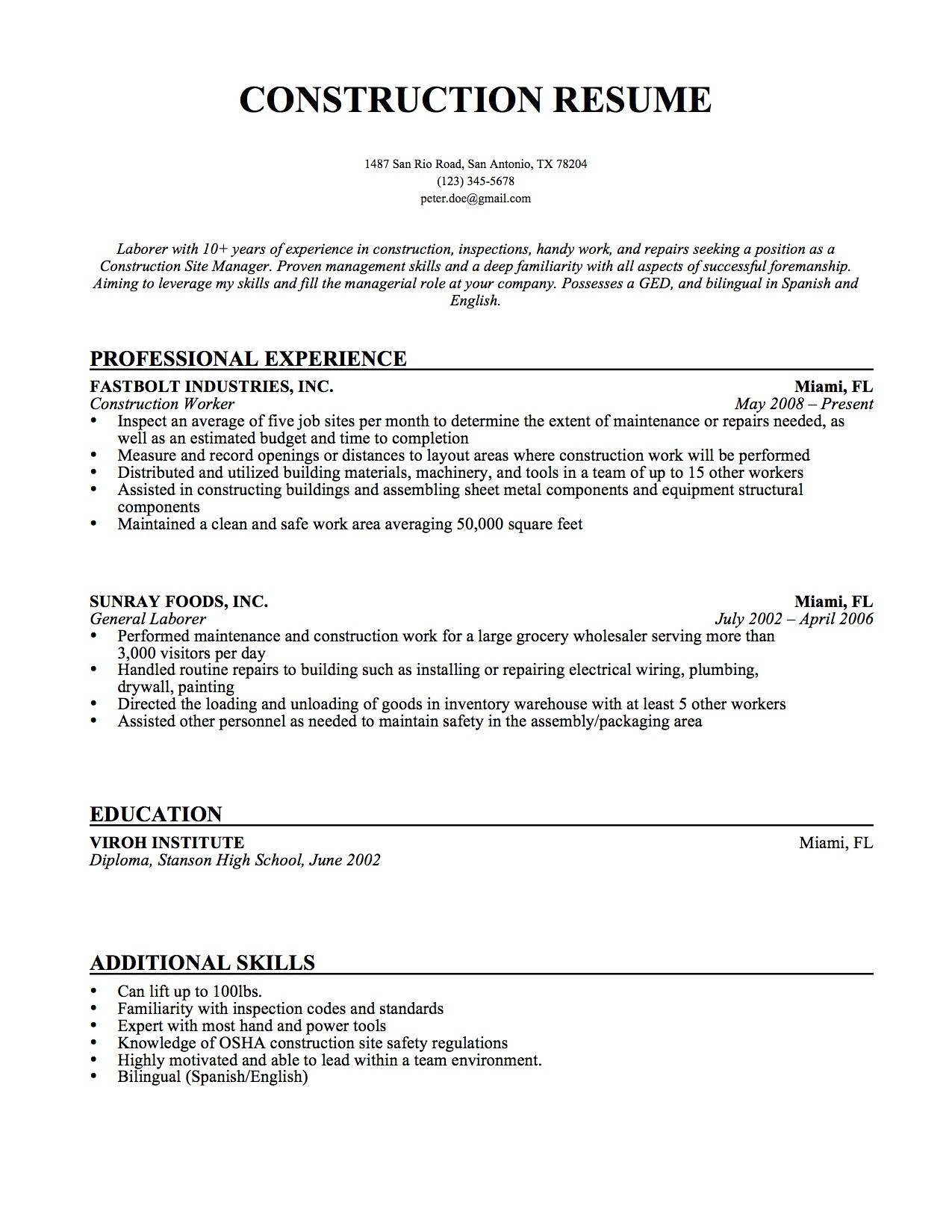 sample construction resume