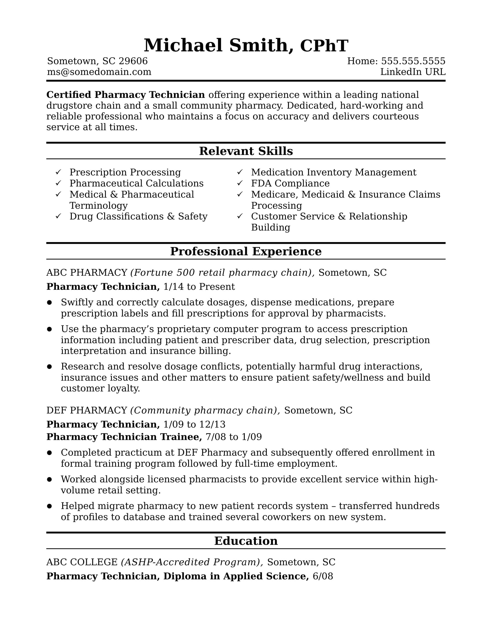 sample resume pharmacy technician midlevel