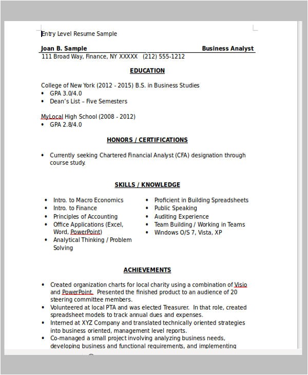 sample resume for business analyst entry level