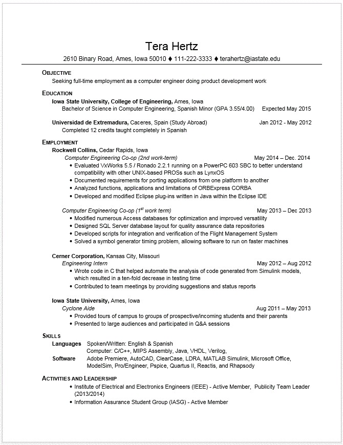Resume Samples for Computer Engineering Students Example Resumes Engineering Career Services Iowa State