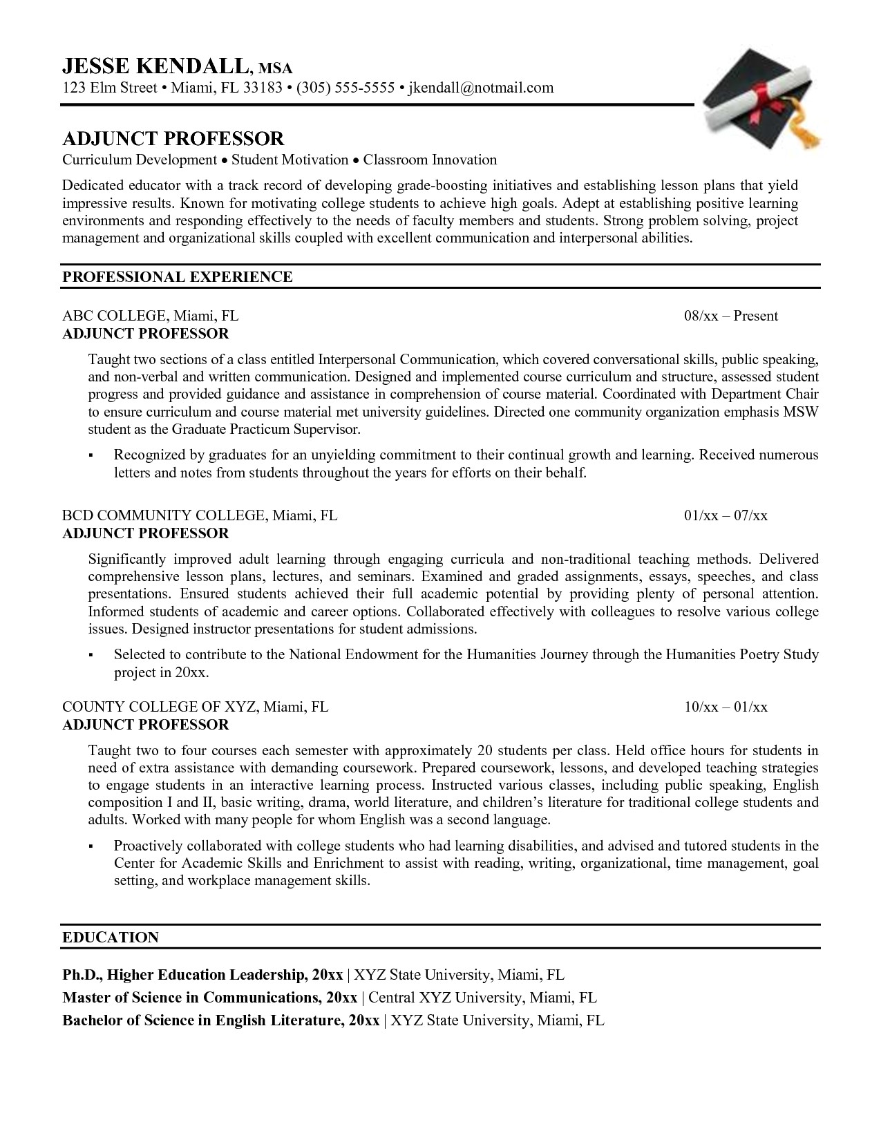 resume for adjunct teaching position