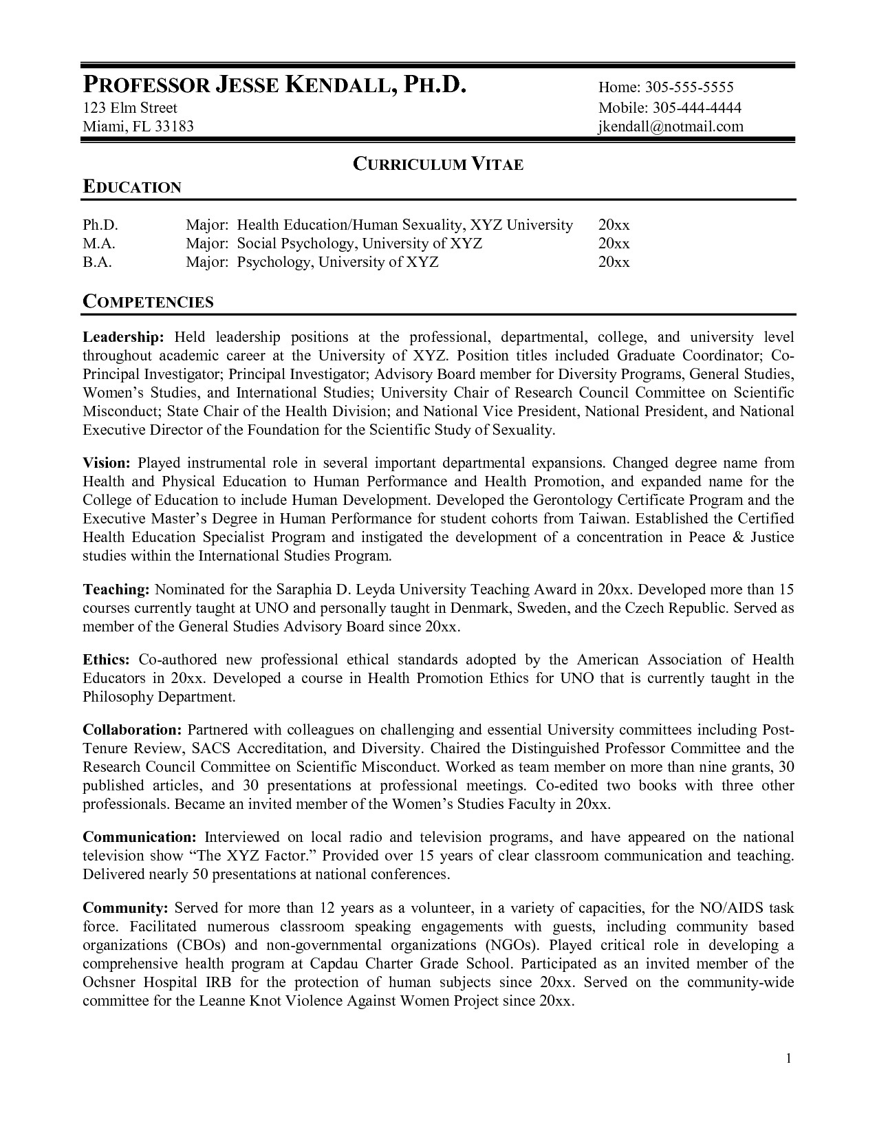 sample resume for faculty position