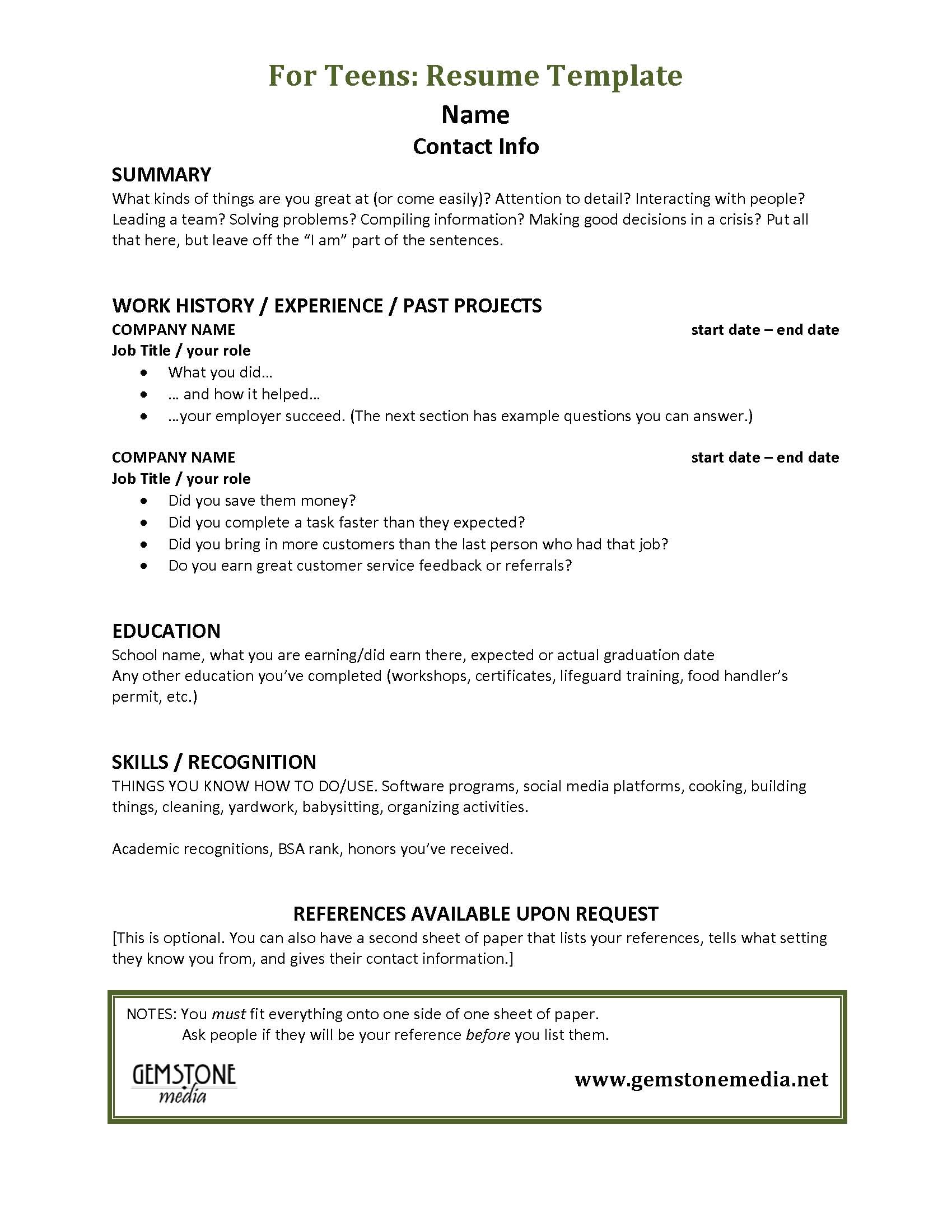 Resume Template for A Teenager Teen Job Hunting Helps Gemstone Media