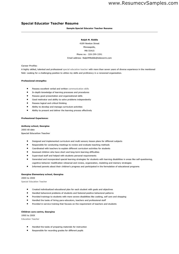 resume for teaching position
