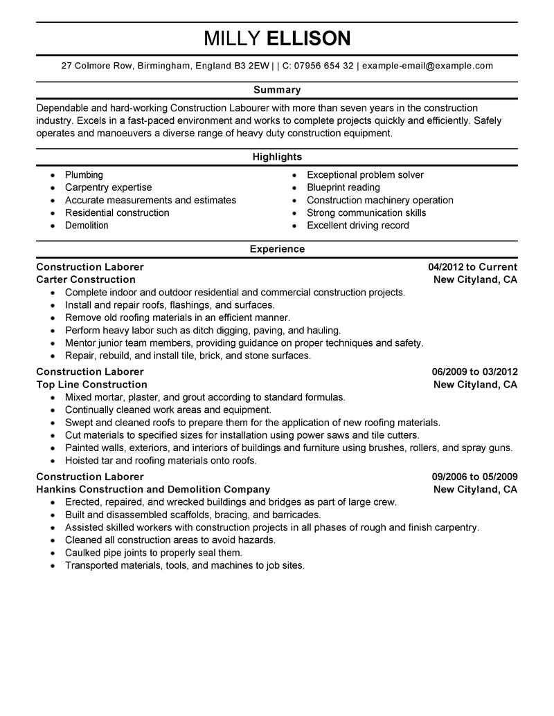 construction professional laborer resume examples highlights summary