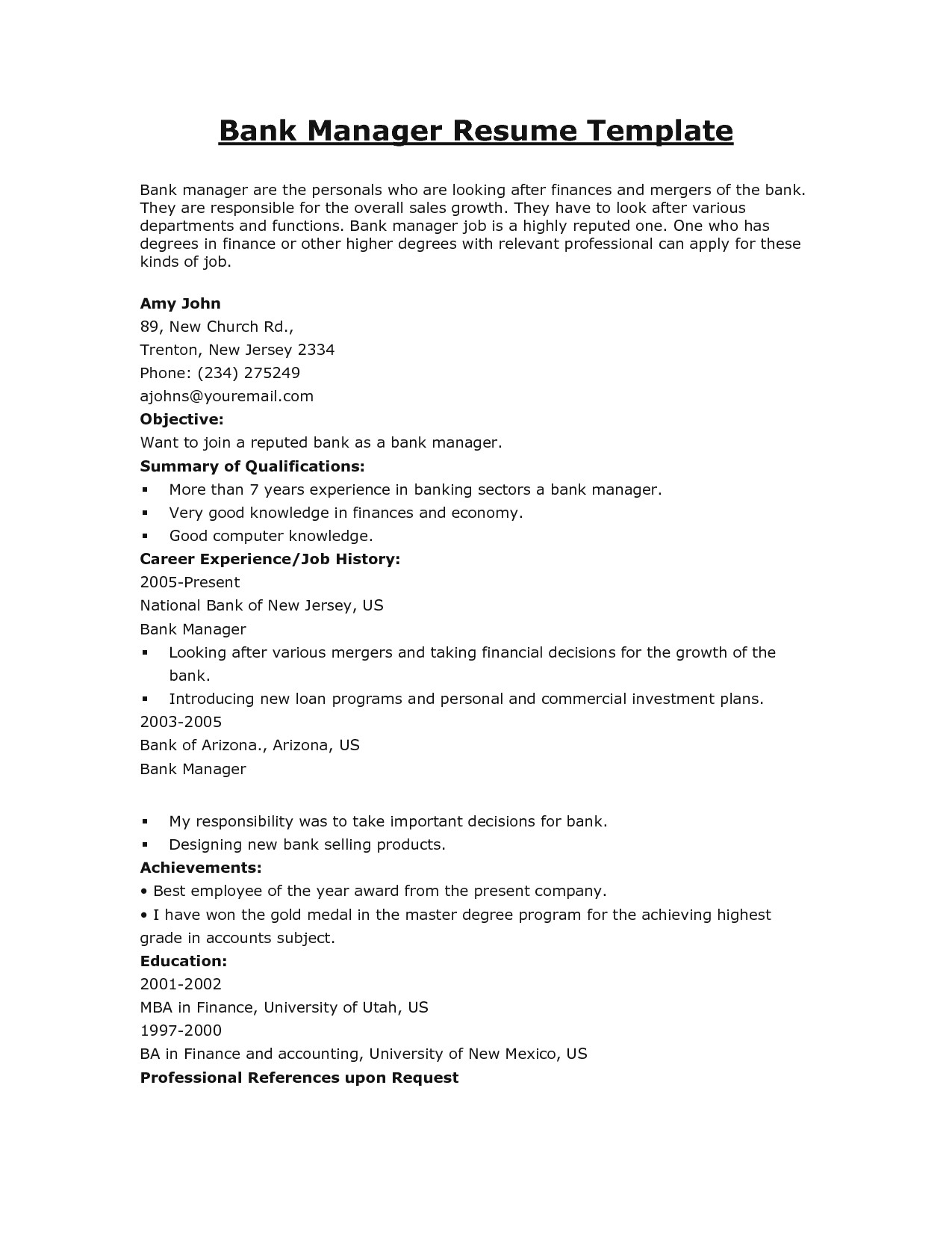 bank manager resume template
