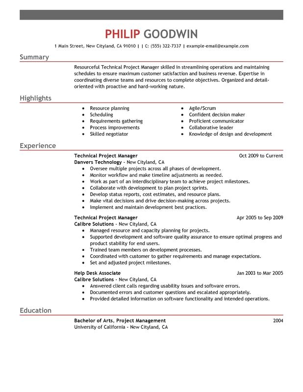 technical project manager resume sample