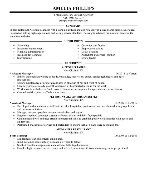 assistant manager resume sample