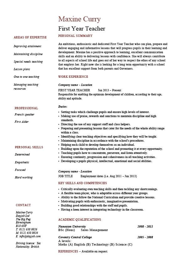 first year teacher resume examples