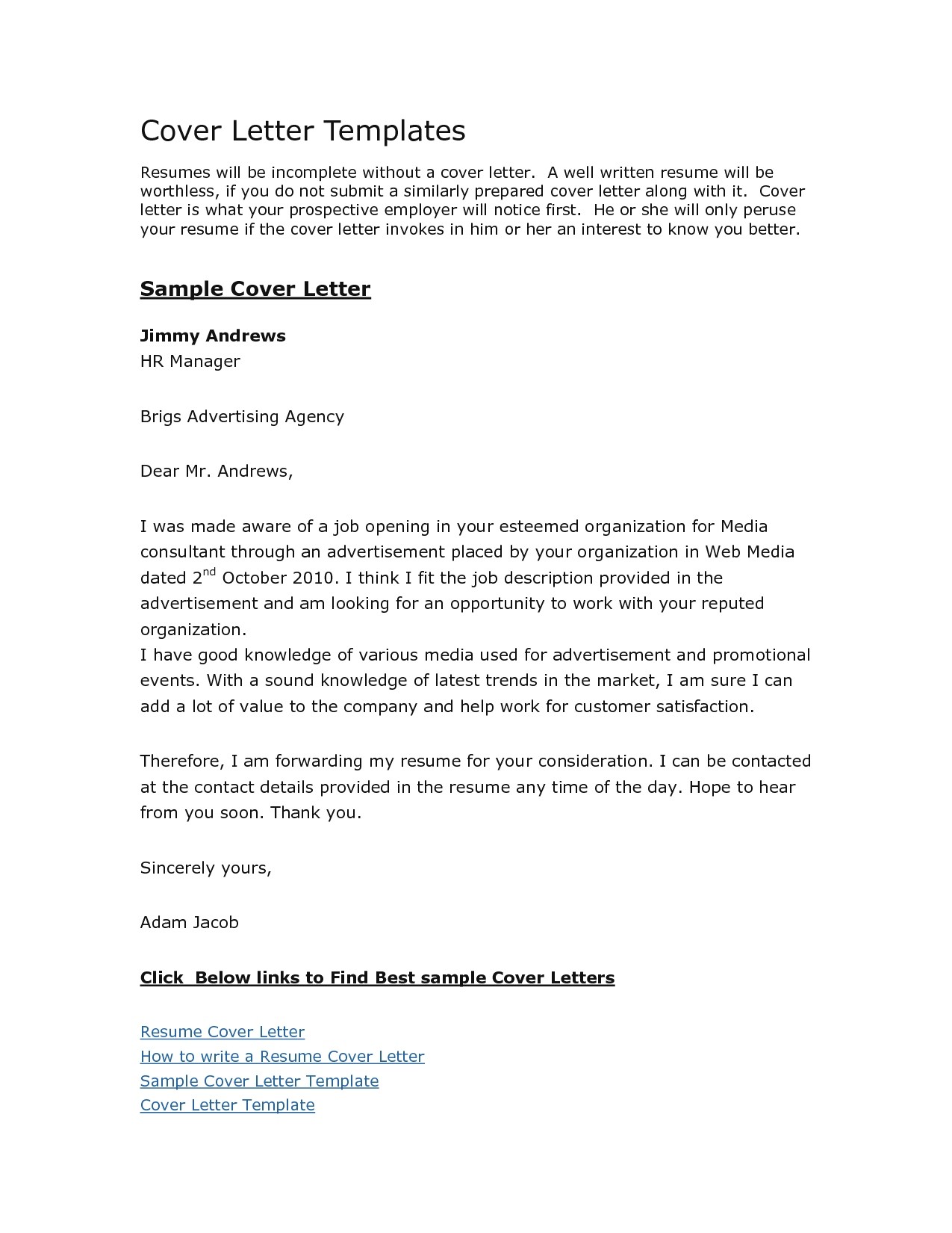 download cover letter for resume in word format
