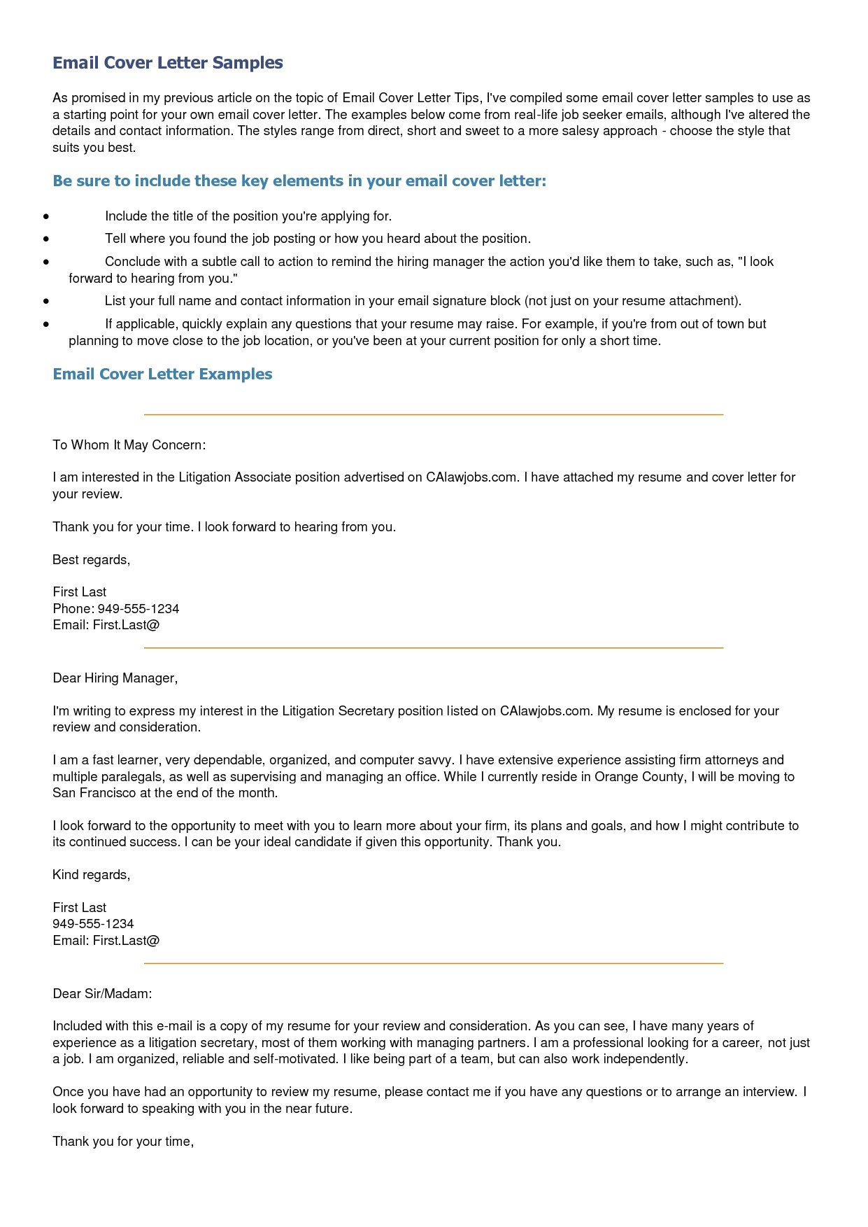 cover letter email sample template