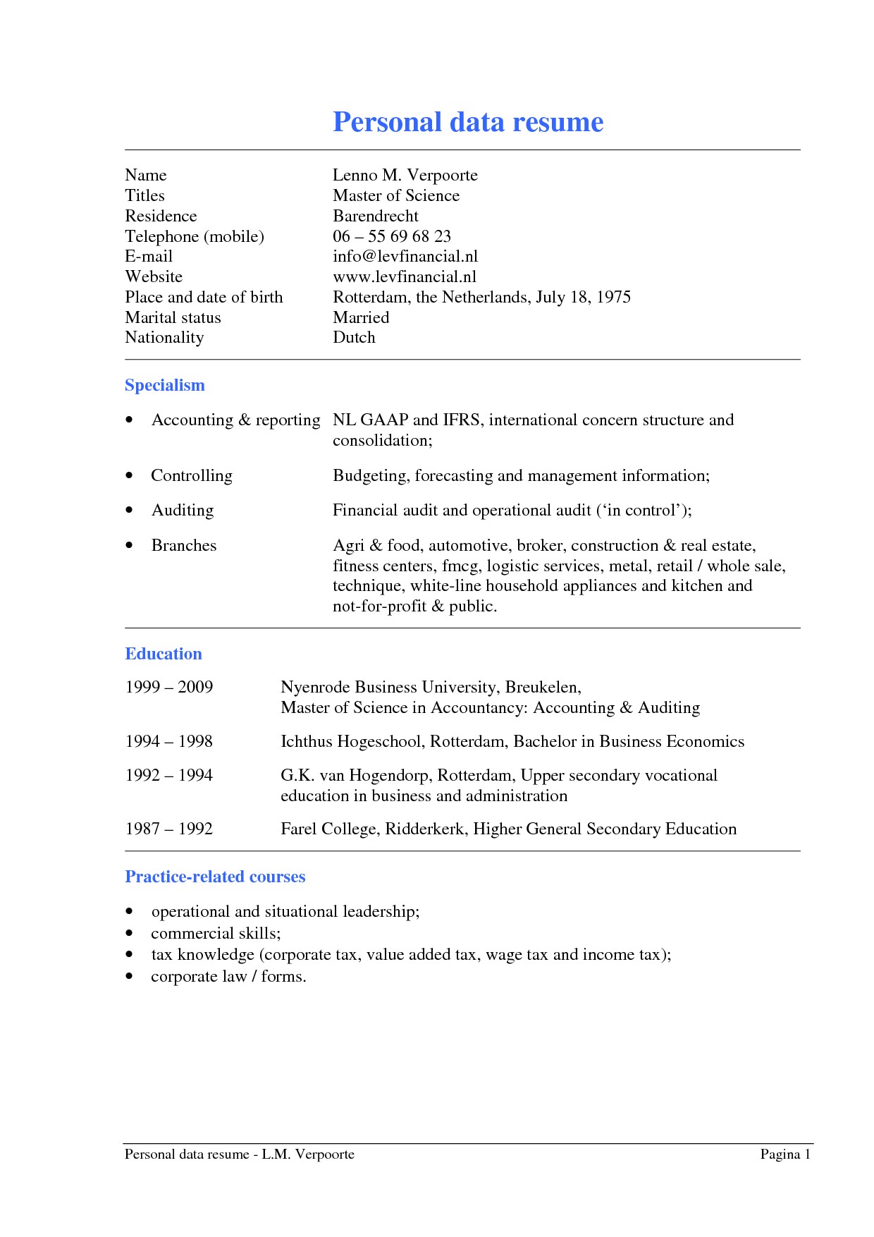 personal data in resume
