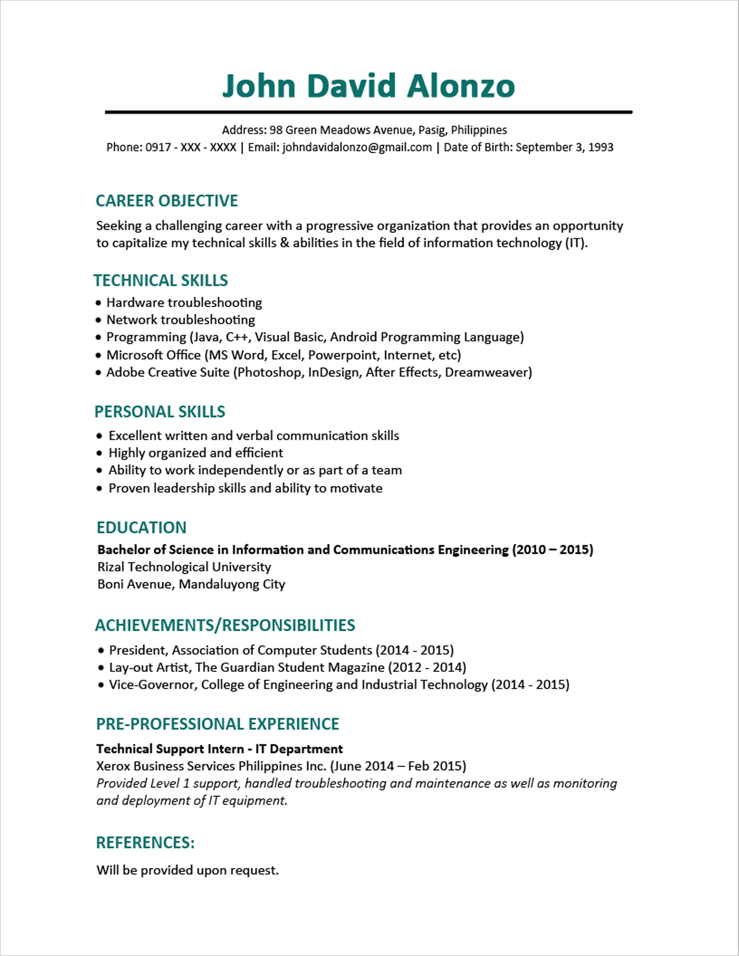 Sample Resume for A Fresh Graduate Sample Resume format for Fresh Graduates One Page format