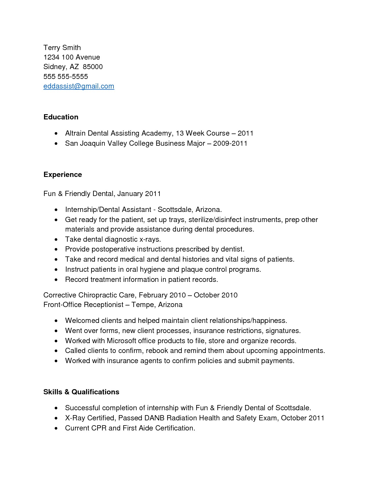dental assistant resume examples with no experience