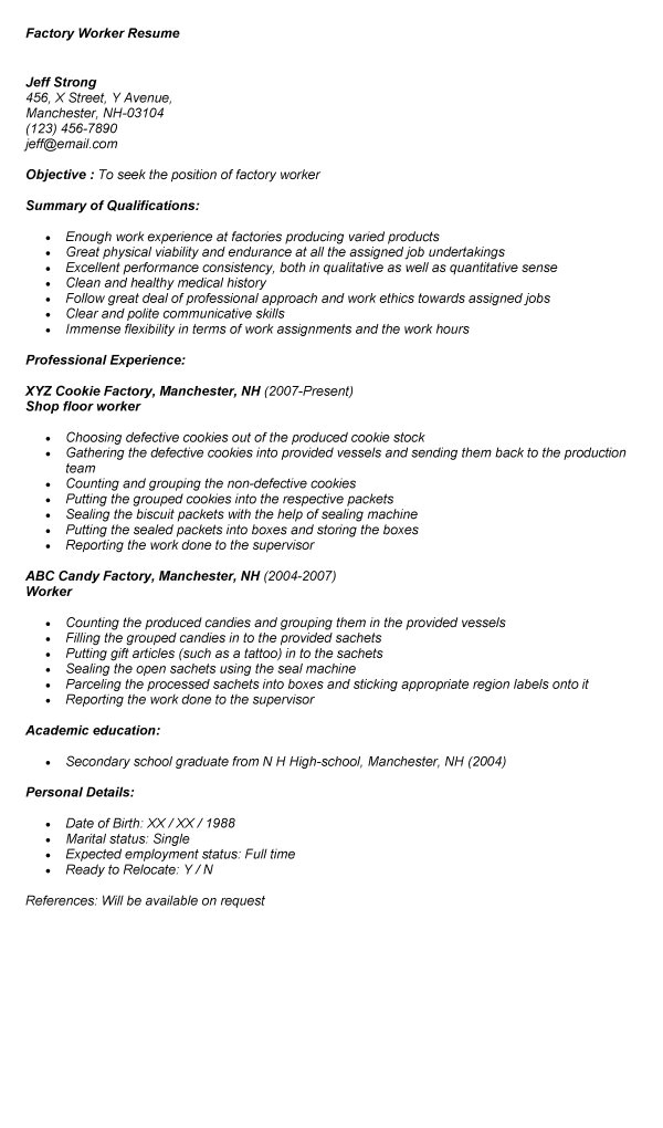 Sample Resume for Factory Worker with No Experience Factory Worker Resume Best Template Collection