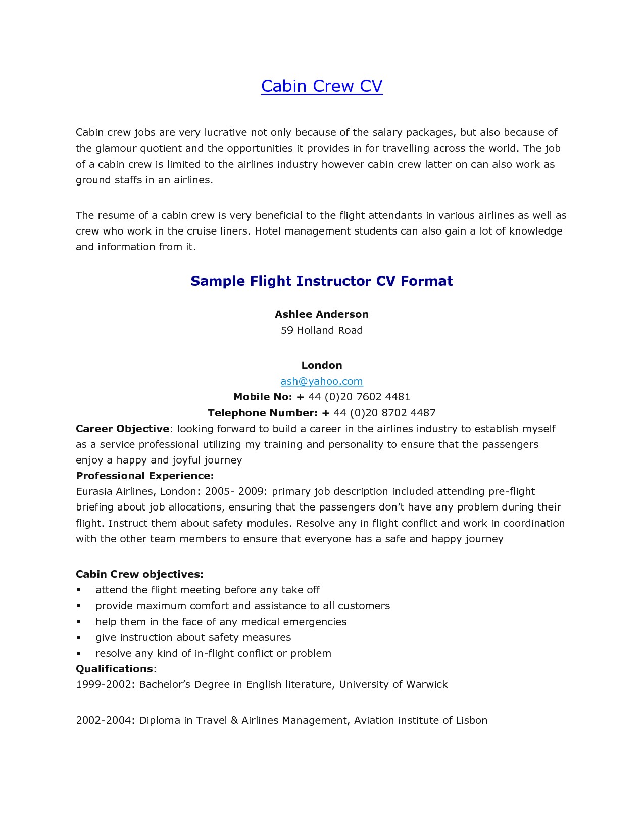 Sample Resume for Flight attendant Position Flight attendant Resume No Experience Sample Experience