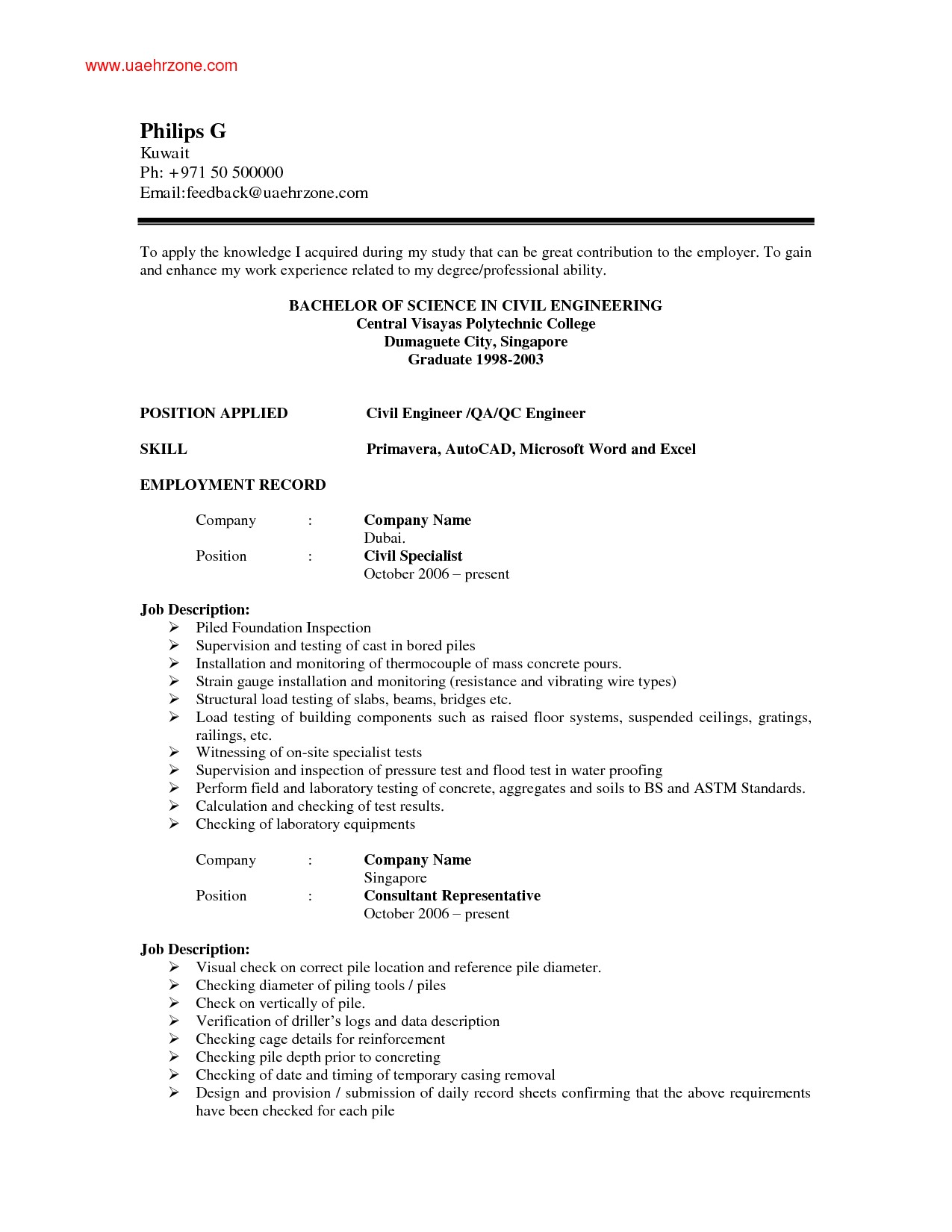 sample resume for civil engineer fresh graduate