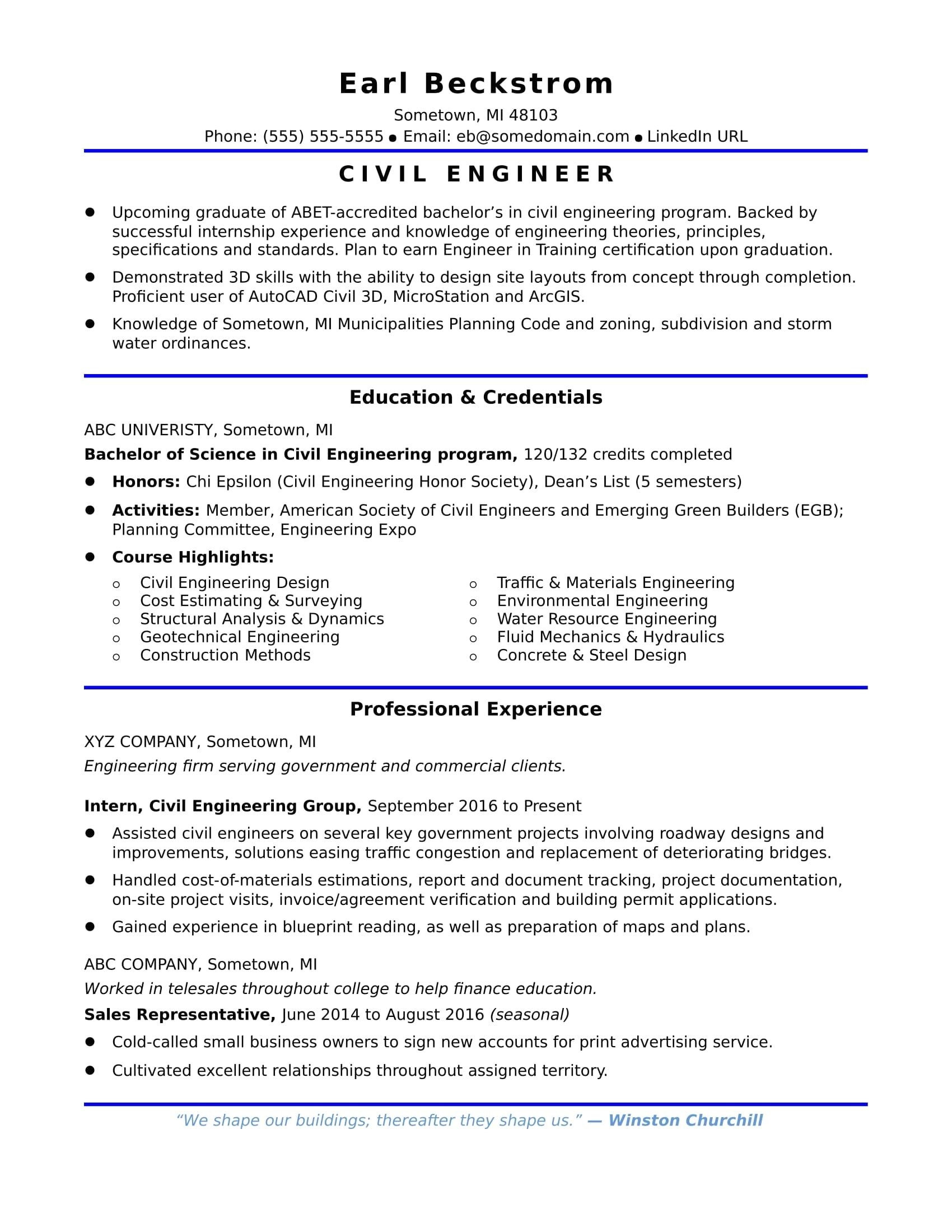 sample resume for fresh graduate civil engineering
