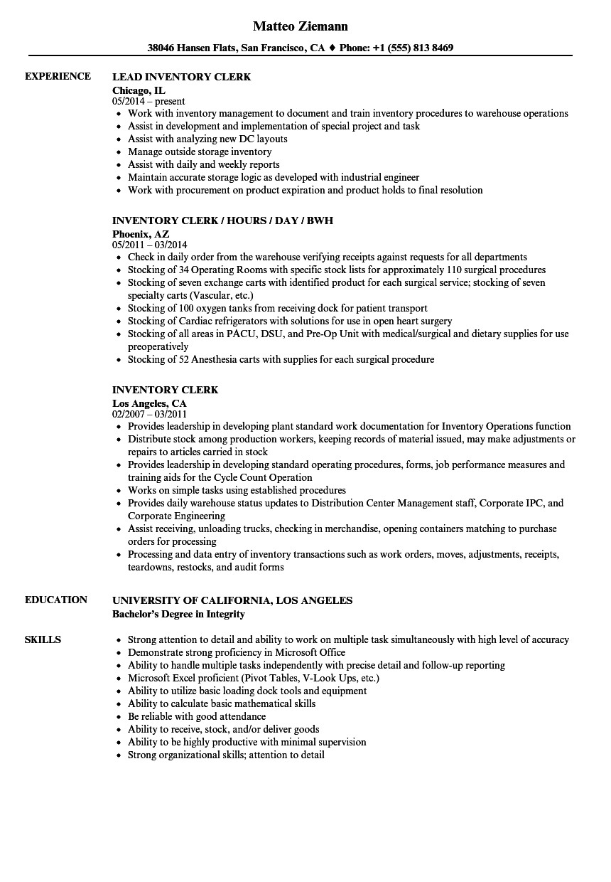 Sample Resume for Inventory Clerk Inventory Clerk Resume Samples Velvet Jobs