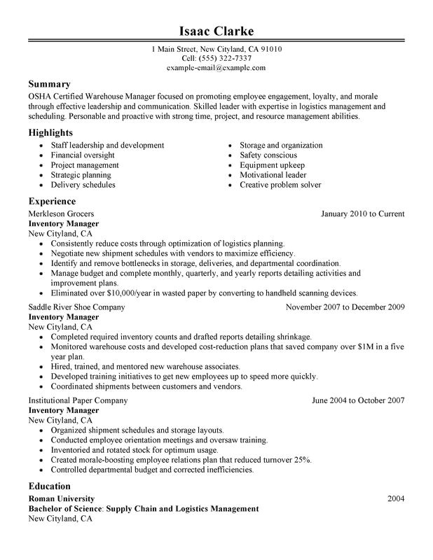inventory manager resume sample