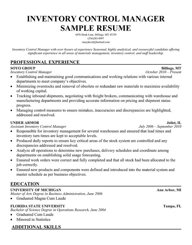 inventory resume examples