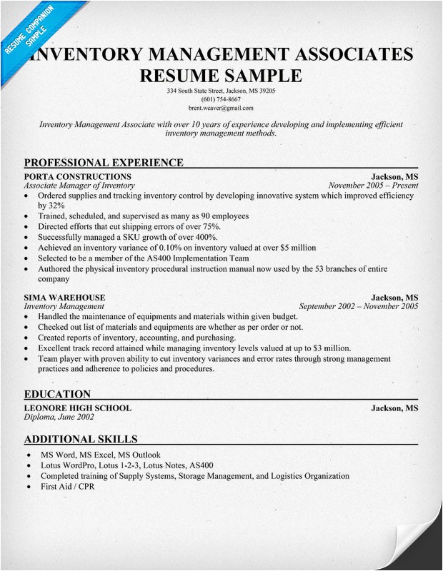 Sample Resume for Inventory Manager 1 Sample Resume for Inventory Manager Sample Resume December 2015