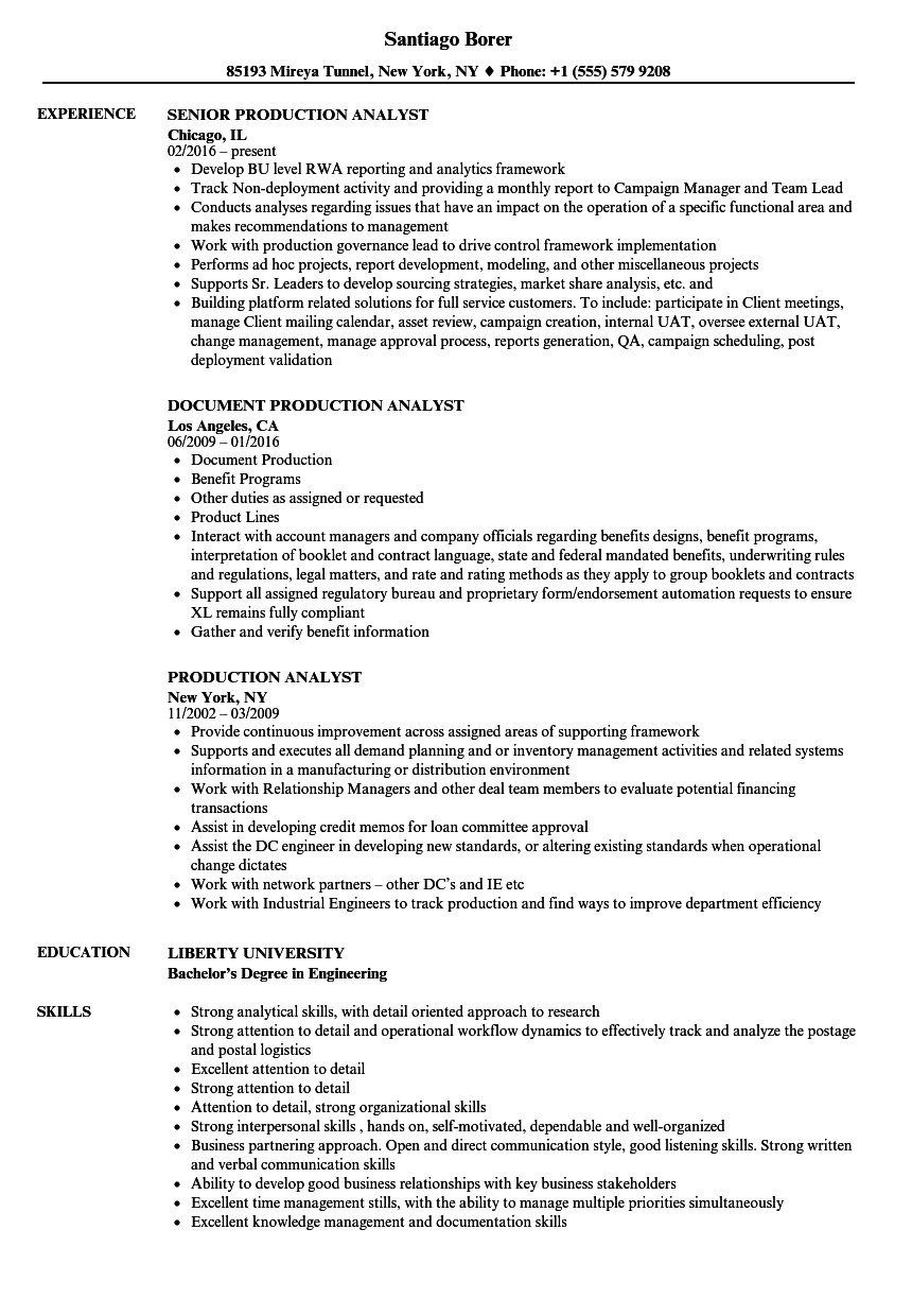 production analyst resume sample