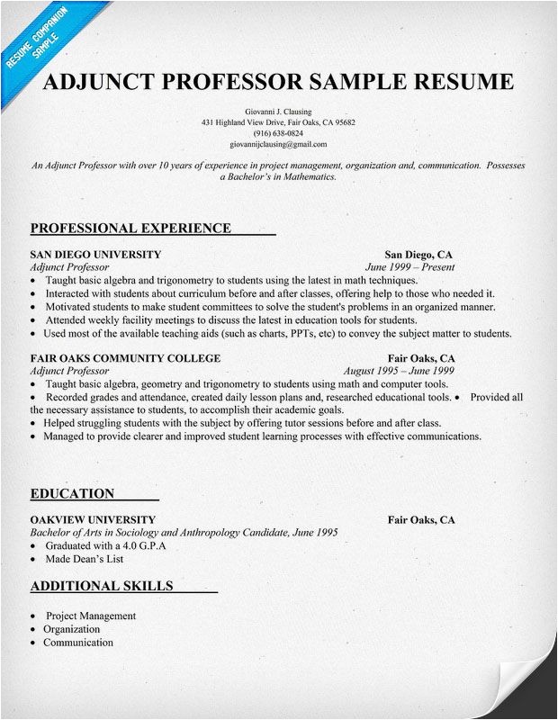 Sample Resume for Professor 1 Sample Resume for Professor Resume Example for Adjunct Professor Resumecompanion Com