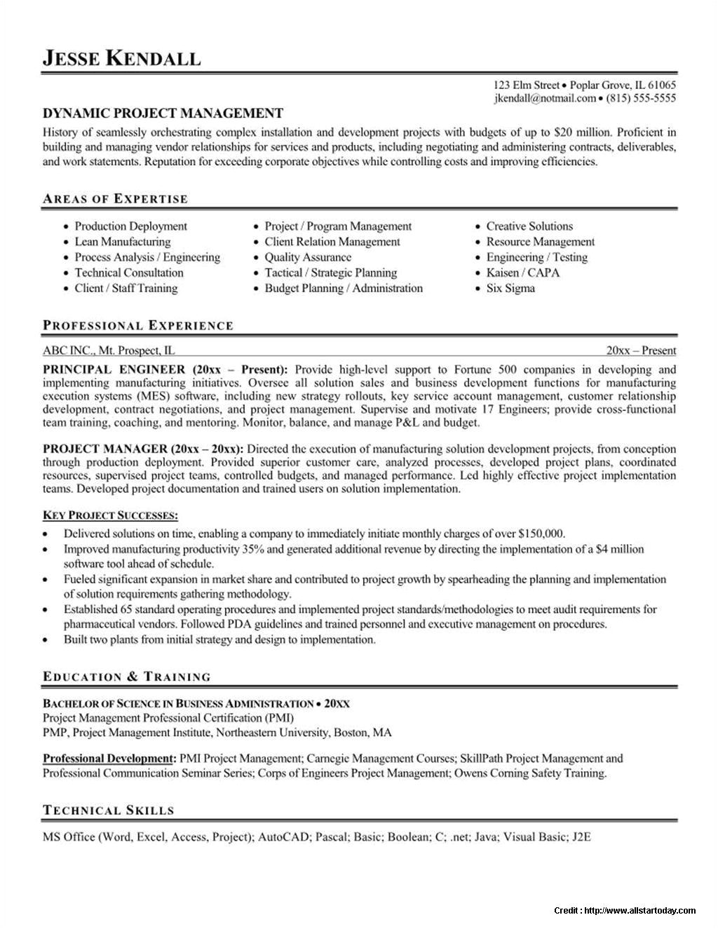 sample resume for project manager in manufacturing