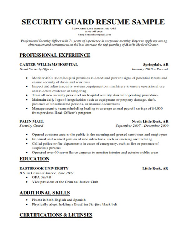 Sample Resume for Security Guard Pdf Security Guard Resumes 10 Free Word Pdf format