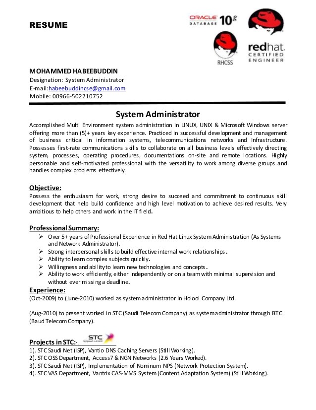 Sample Resume for System Administrator Fresher System Administrator Cv