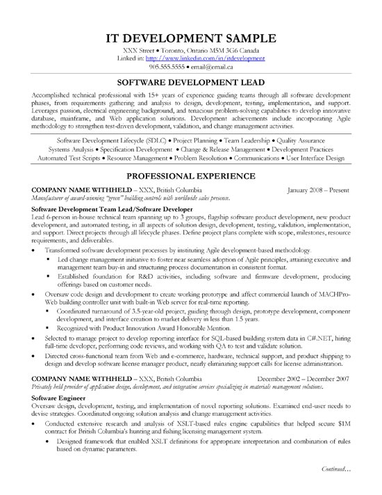 Sample Resume for Technical Lead sofware Development Lead Resume Sample