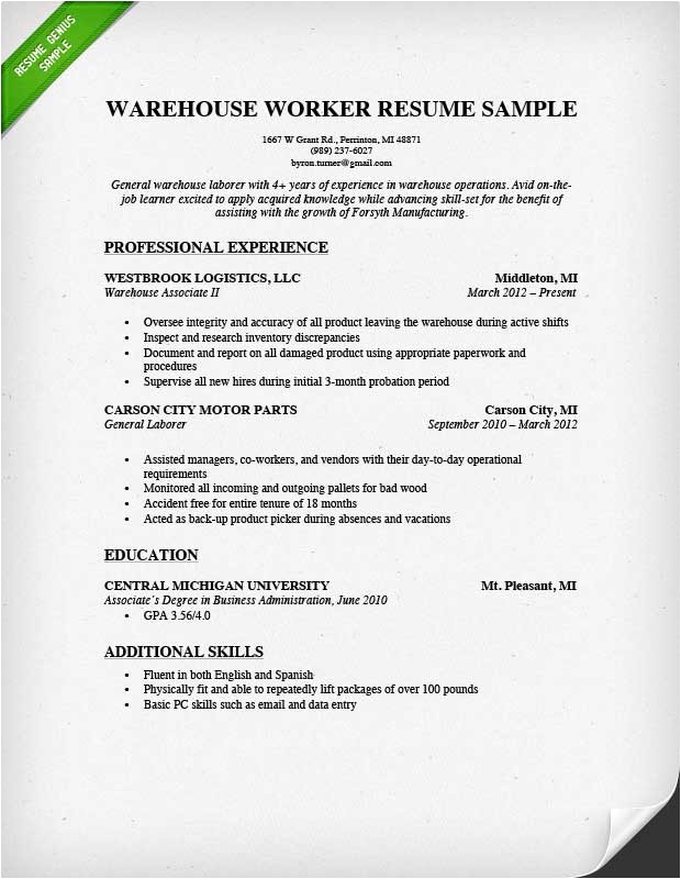 Sample Resume for Warehouse Worker Warehouse Worker Resume Sample Resume Genius