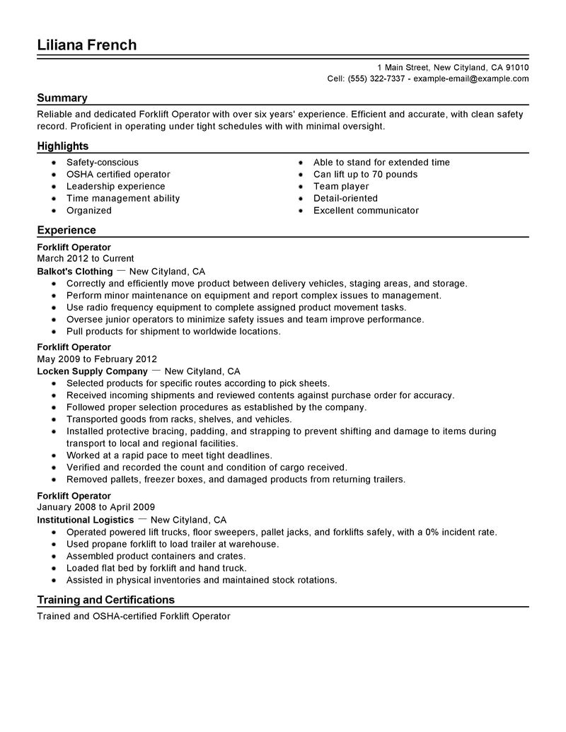 Sample Resume Objectives for forklift Operator forklift Operator Resume Sample Best Template Collection