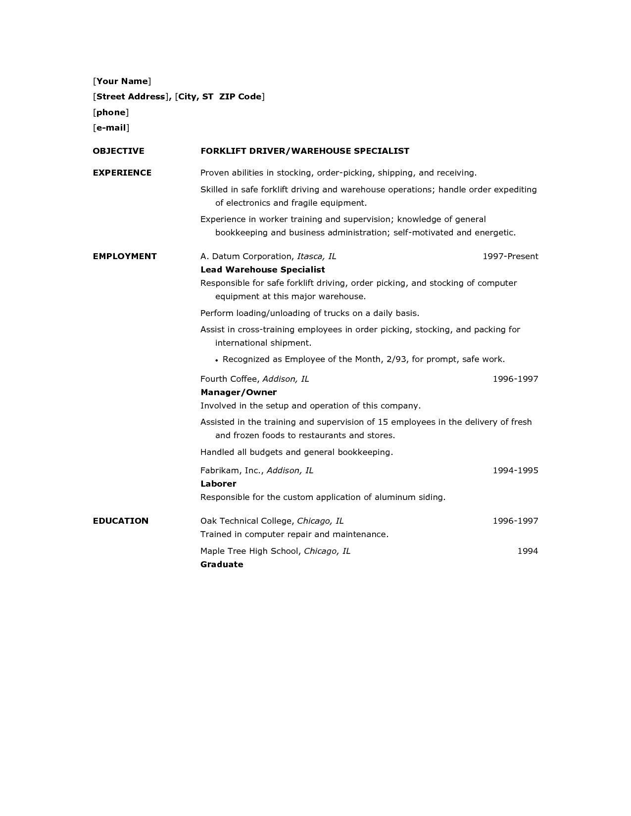 sample resume for warehouse forklift operator